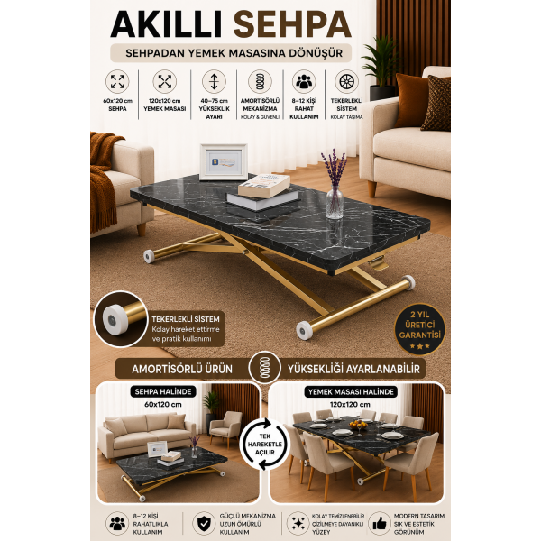 Home Siyah Mermer MDF Oval Köşe Gold Kaplama Ayaklı Akıllı Sehpa Premium Tasarım