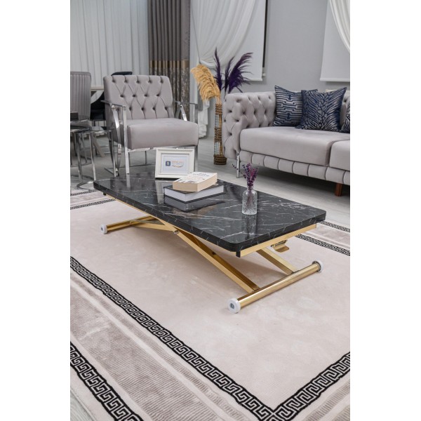 Home Siyah Mermer MDF Oval Köşe Gold Kaplama Ayaklı Akıllı Sehpa Premium Tasarım