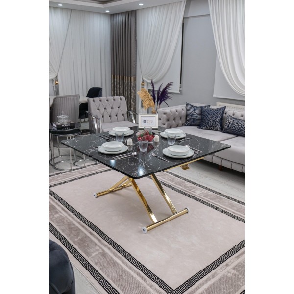 Home Siyah Mermer MDF Oval Köşe Gold Kaplama Ayaklı Akıllı Sehpa Premium Tasarım