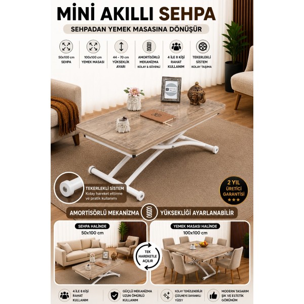 Mini Juppo Dışa K Akıllı Sehpa Üst Tabla Mdf Antiklayt Oval Köşe Alt Ayak Beyaz Renk