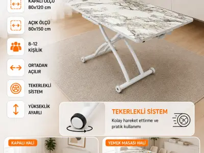 Ortadan Açılır Akıllı Masa Üst Mdf Beyaz Mermer Alt Ayak Beyaz Renk