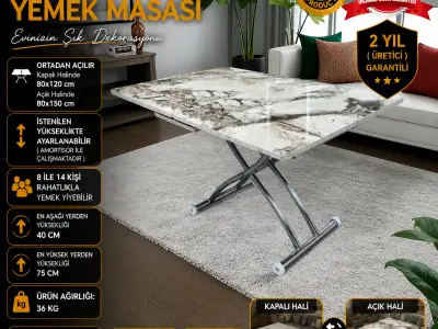 Ortadan Açılır Akıllı Masa Üst Mdf Beyaz Mermer Alt Ayak Krom Kaplama