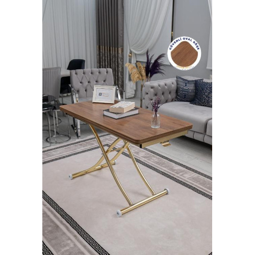 Juppo Üst Tabla Mdf Ceviz Oval Köşe Alt Ayak Yuvarlak Gold Kaplama İçe Kıvrım