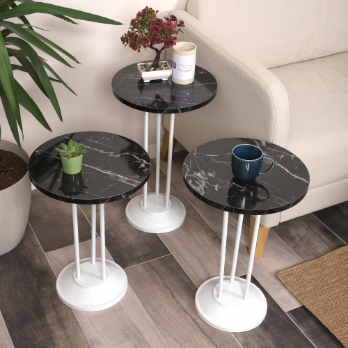 Marbella Zigon Sehpa Mdf Tabla Siyah Mermer Desen Alt Mekanizma Demir Beyaz Renk