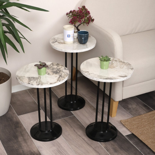 Marbella Zigon Sehpa Mdf Tabla Beyaz Mermer Desen Alt Mekanizma Demir Siyah Renk