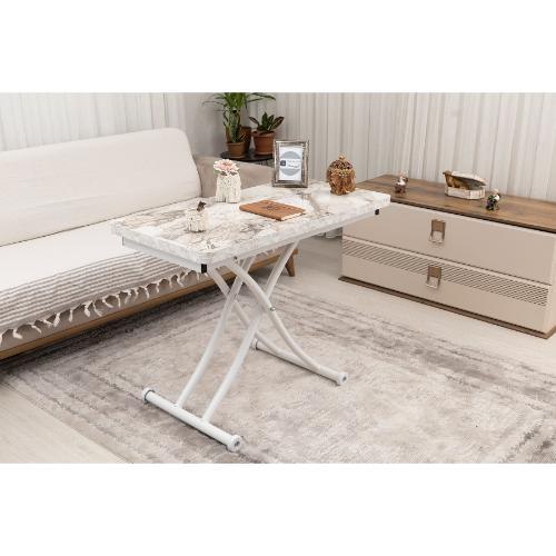 Mini Juppo İçe K Akıllı Sehpa Üst Tabla Mdf Beyaz Mermer Oval Köşe Alt Beyaz Renk