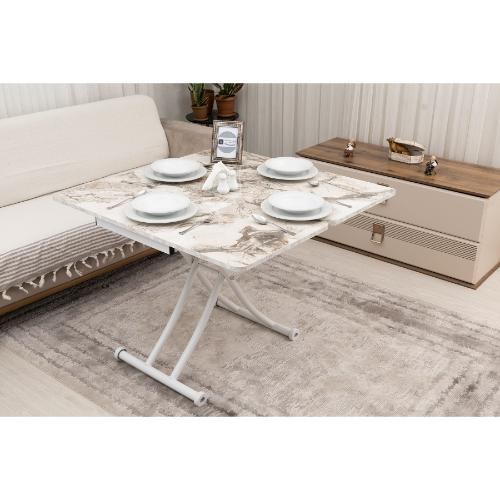 Mini Juppo İçe K Akıllı Sehpa Üst Tabla Mdf Beyaz Mermer Oval Köşe Alt Beyaz Renk