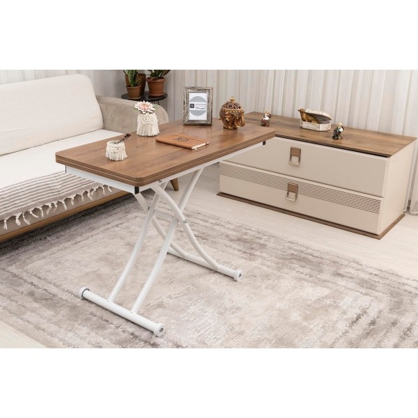 Mini Juppo İçe K Akıllı Sehpa Üst Tabla Mdf Ceviz Oval Köşe Alt Beyaz Renk
