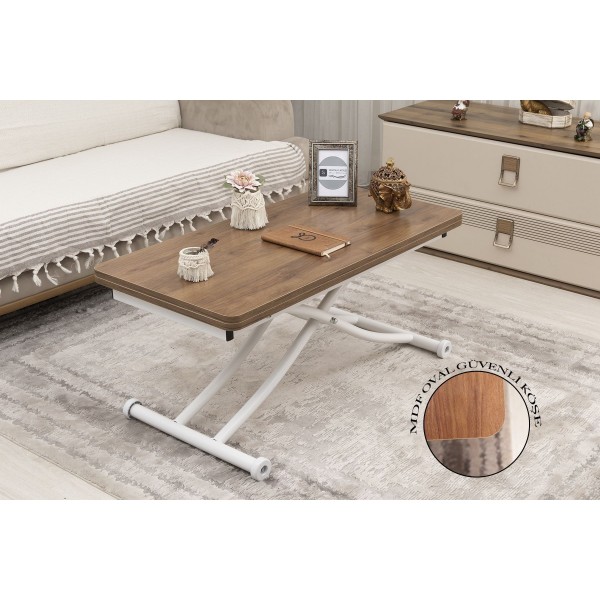 Mini Juppo İçe K Akıllı Sehpa Üst Tabla Mdf Ceviz Oval Köşe Alt Beyaz Renk