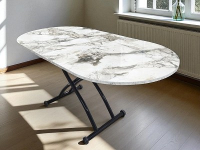 Oval Ortadan Açılır Akıllı Masa Üst Mdf Beyaz Mermer Alt Ayak Siyah Renk