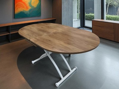 Oval Ortadan Açılır Akıllı Masa Üst Mdf Ceviz Alt Ayak Beyaz Renk