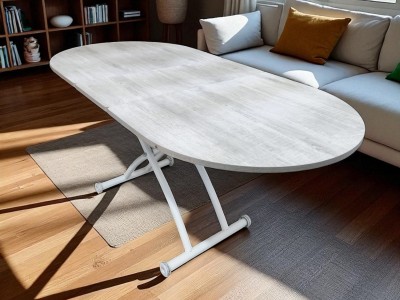 Oval Ortadan Açılır Akıllı Masa Üst Mdf Lizbon Alt Ayak Beyaz Renk