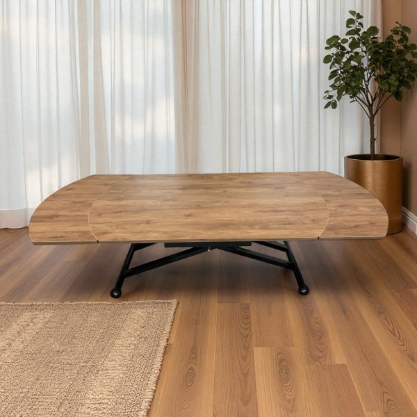 Oval Yan Baştan Açılır Akıllı Masa Üst Mdf Ceviz Alt Ayak Siyah Renk